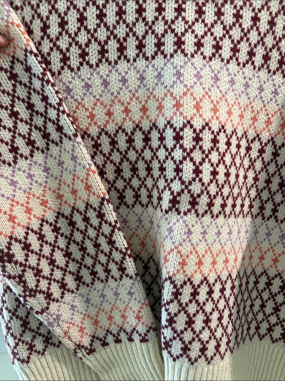 Patagonia Cream Crewneck Sweater with Burgundy, Pink & Orange Fair Isle - Picture 3 of 4